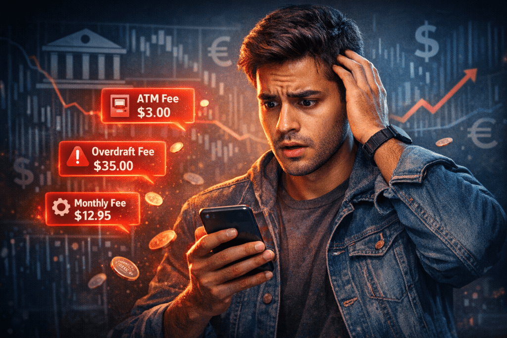 A young man looking worried while checking his phone, with financial fees displayed, including ATM Fee, Overdraft Fee, and Monthly Fee, against a background of money symbols and financial graphs.