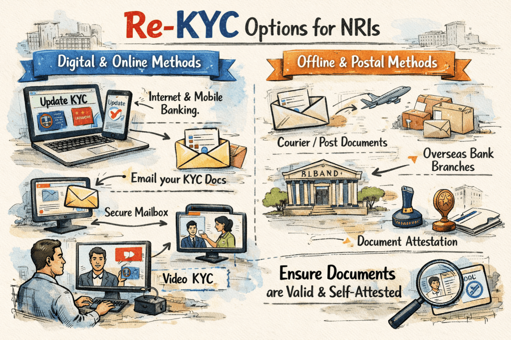 Infographic titled 'Re-KYC Options for NRIs' displaying digital and online methods such as internet banking, emailing KYC documents, and video KYC, alongside offline methods like postal services and document attestation.