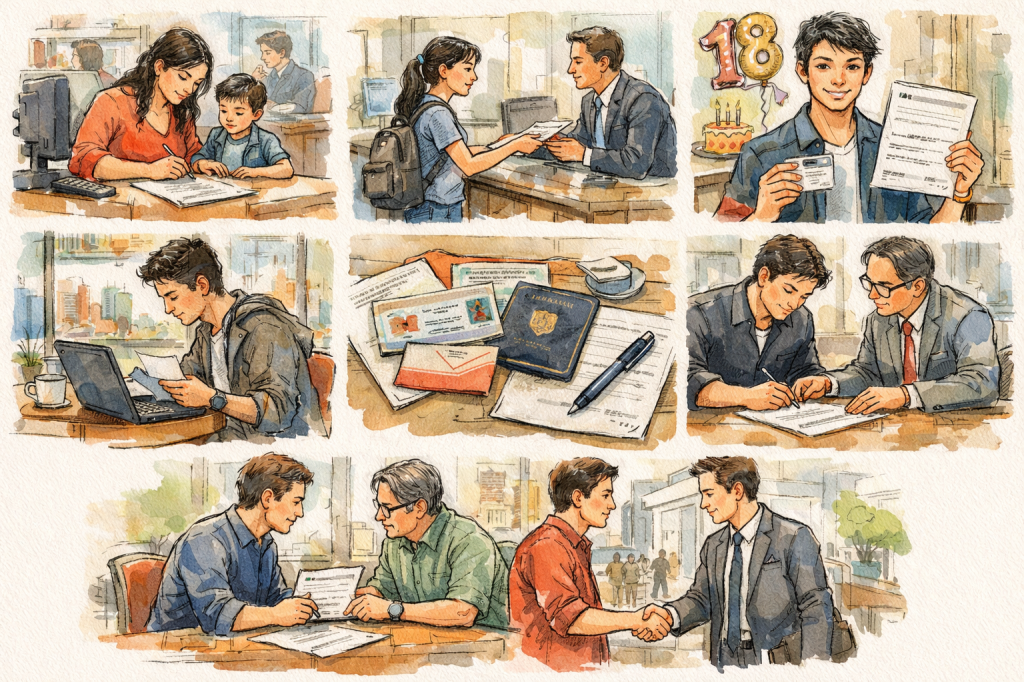 A woman assists a young boy with paperwork at a desk.